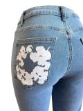 Fashion Stretch Denim Flower Print Women's Jeans