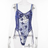 Sexy Lingerie Straps Embroidered Mesh See-Through Bodysuit