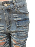 Trendy Sexy Ripped Holes Washed Pocket Jeans Cargo Denim Pants