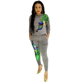 Trendy Peacock Sequin Applique Sweatsuit 2PCS Pants Set