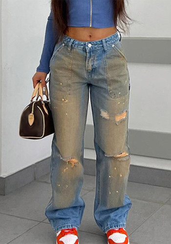 Womens Jeans Retro Gradient Ripped Splash Straight Leg Denim Pants