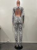 Sexy Backless Long Sleeve Leopard Tight Jumpsuit