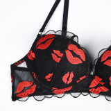Red Lip Valentine's Day Embroidered Sexy 3PCS Lingerie Set