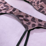 Sexy Leopard Print 4PCS Lingerie Set Mesh Bra Thong Garter Lingerie With Contrast Stockings