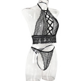 Lace Sexy Plunge Hollow Out Cross Sexy Bra and Pantie 2PCS Lingerie