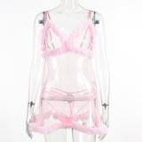 Pink Mesh Plush Lace Patchwork Sexy Night Dress Lingerie