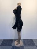 Sexy Mesh Top Beaded Elastic Suspender Bodycon Dress Two-piece Set