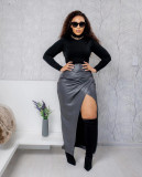 Gray PU Leather High Slit Irregular Skirt