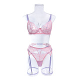 Sexy Lace Garter Lingerie Contrast Color Push-Up Bra Thong See-Through 4PCS Set