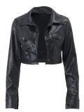 Pu Leather Black Turndown Collar Fashion Cropped Jacket