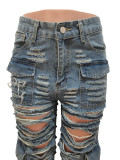 Trendy Sexy Ripped Holes Washed Pocket Jeans Cargo Denim Pants