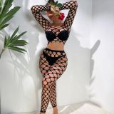 Solid Long-sleeved Fishnet Sexy Lingerie 2PCS Set