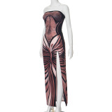 Sexy Slit Printed Strapless Sleeveless Long Bodycon Dress