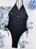Black Color Lace Up Drawstring One Piece Swimwear