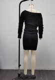 Solid Slash Shoulder Ruched Top Ribbed Skirt Sexy 2-piece Set