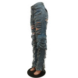 Trendy Sexy Ripped Holes Washed Pocket Jeans Cargo Denim Pants