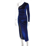 Blue One Shoulder Slit Ruched Velvet Party Dress