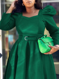 Plus Size Puff Sleeve Belted Party Dress