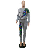 Trendy Peacock Sequin Applique Sweatsuit 2PCS Pants Set