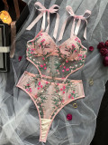 Pink Floral Embroidered See-Through Mesh One-piece Sexy Lingerie