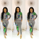 Trendy Peacock Sequin Applique Sweatsuit 2PCS Pants Set