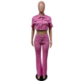 Fashion Denim Suit Solid Short Sleeve Jacket Bell Bottom Stretch Pants 2 Piece Set