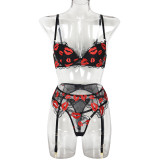 Red Lip Valentine's Day Embroidered Sexy 3PCS Lingerie Set