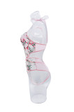 Pink Floral Embroidered See-Through Mesh One-piece Sexy Lingerie