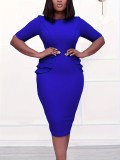 Blue Elegant Half Sleeve Plus Size Ruffles Bodycon Dress