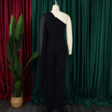 Solid Sexy One Shoulder Party Wide Leg Jumpsuit