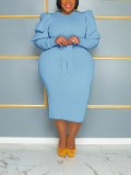 Blue Puff Sleeve Long Sleeve Slim Plus Size Bodycon Dress