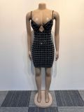 Sexy Mesh Top Beaded Elastic Suspender Bodycon Dress Two-piece Set