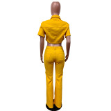 Fashion Denim Suit Solid Short Sleeve Jacket Bell Bottom Stretch Pants 2 Piece Set