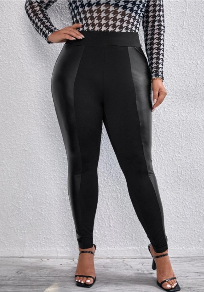 Plus Size Black PU Leather Patchwork High Waist Tight Pants