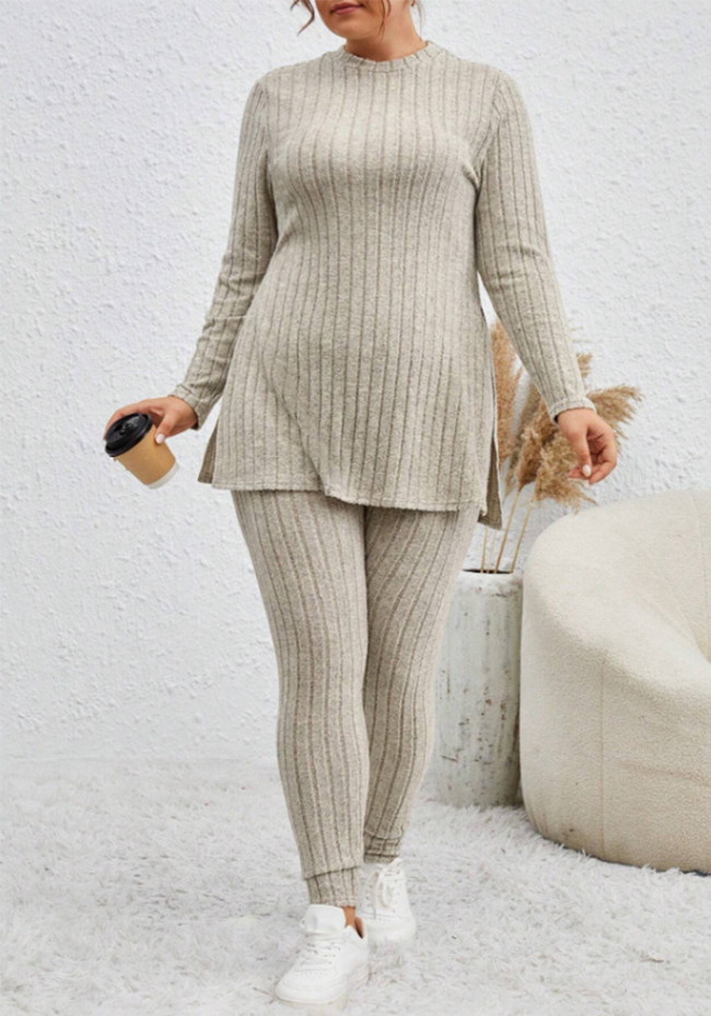 Plus Size Ribbed Knit Casual Slit Long Sleeve Top Two Piece Pants Set