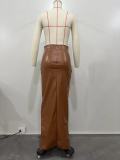 Brown PU Leather High Slit Irregular Skirt