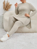 Plus Size Ribbed Knit Casual Slit Long Sleeve Top Two Piece Pants Set
