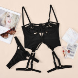 Black Lace-Up Patchwork Hollow Backless Sexy Lingerie Set