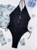Black Color Lace Up Drawstring One Piece Swimwear