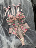 Pink Floral Embroidered See-Through Mesh One-piece Sexy Lingerie
