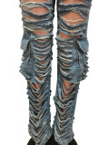 Trendy Sexy Ripped Holes Washed Pocket Jeans Cargo Denim Pants