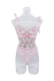Pink Floral Embroidered See-Through Mesh One-piece Sexy Lingerie