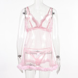 Pink Mesh Plush Lace Patchwork Sexy Night Dress Lingerie