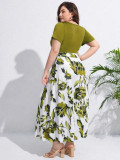 Patchwork Floral Print Short Sleeve A Line Plus Size Dress