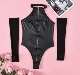 PU Leather Zipper Mesh Patchwork Backless Sexy Bodysuit with Gloves Sexy Lingerie
