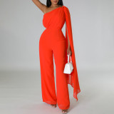 Solid Sexy One Shoulder Party Wide Leg Jumpsuit