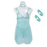 Sexy Nightdress Embroidered Mesh Patchwork Chocker Sexy 4PCS Lingerie Set