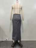 Gray PU Leather High Slit Irregular Skirt