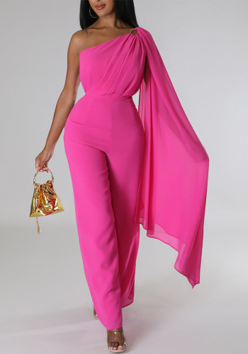 Solid Sexy One Shoulder Party Wide Leg Jumpsuit