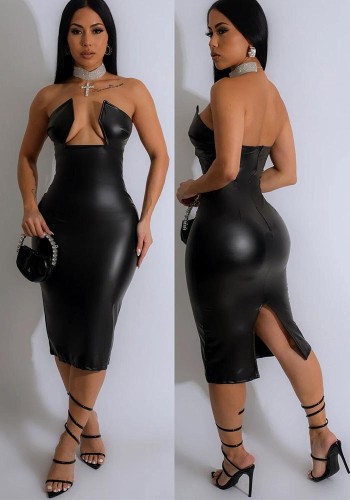 Sexy Stretch Cut Out Back Slit PU Leather Strapless Bodycon Dress